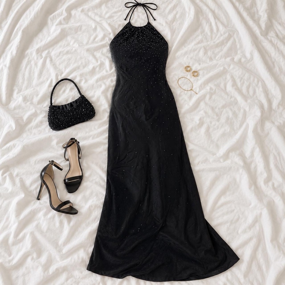 Y2K Chelsea Nites black halter prom dress fits like a size large